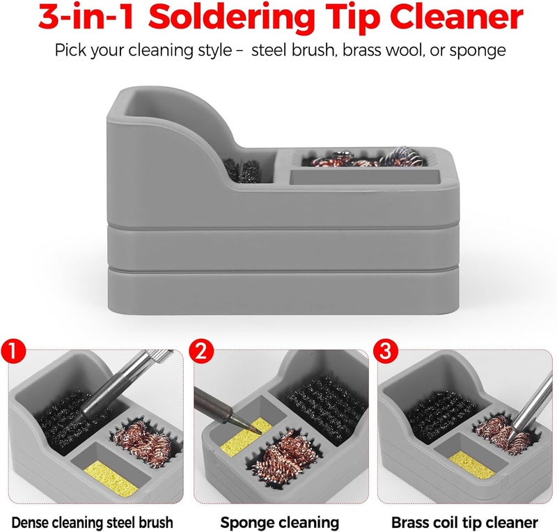 EOOKU Soldering Iron Tip Cleaner Kit with Brass Wool, Sponge, Steel Brush in Gray Silicone Holder – Heat and Scratch Resistant Cleaner for Soldering, Electronics Repair, DIY Projects - Image 4